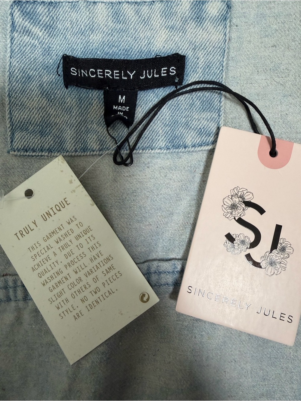 Sincerly Jules Light Wash Crop Denim Jacket with Pink Floral Embroidery (Medium) - Picture 4 of 4